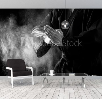 Picture of Closeup of male karate fighter hands Black and white